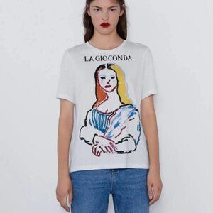 Zara Mona Lisa La Gioconda White Short Sleeve T-shirt Size Large